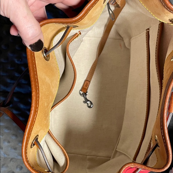 Dooney & Bourke Red and Tan Logo Shoulder Bag drawstring large purse - Picture 8 of 14